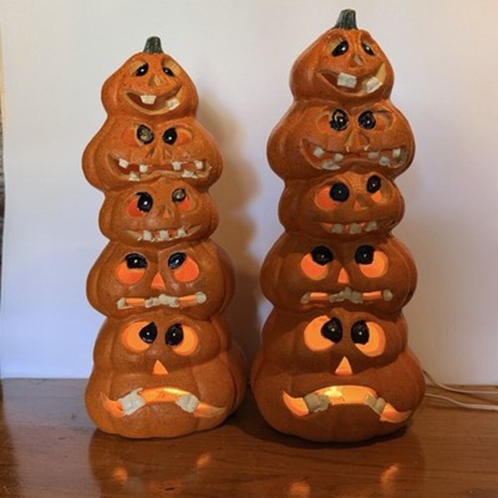 Set 2 Foam Lighted Stacked Jack O Lantern Pumpkin Totem 20" Halloween Silly Face